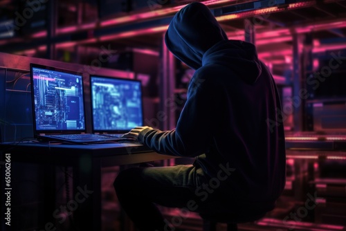 Lone hacker figure hunches over a laptop
