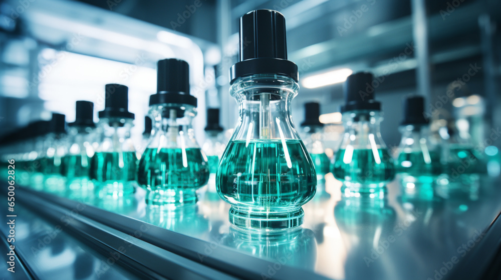 In the heart of pharmaceutical creation, a symphony of precision unfolds. Medical vials parade along a production line, like a dance of innovation. Pharmaceutical machinery orchest In the heart of pharmaceutical creation, a symphony of precision unfolds. Medical vials parade along a production line, like a dance of innovation. Pharmaceutical machinery orchest