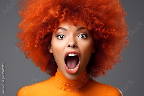 Colorful studio portrait of a beautiful young woman with excited expression, crimson and orange. Generative AI
