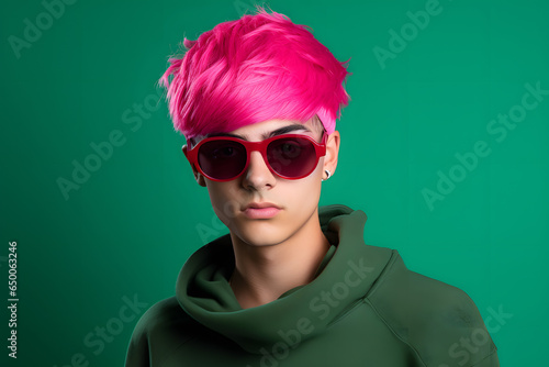 Colorful studio portrait of a cool teenager boy with age specific outfit and accessories. Bold, vibrant and minimalist. Generative AI © Mihai Zaharia