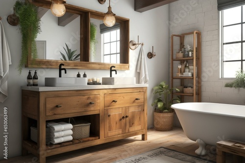 A rustic bathroom with wooden vanity. Generative AI