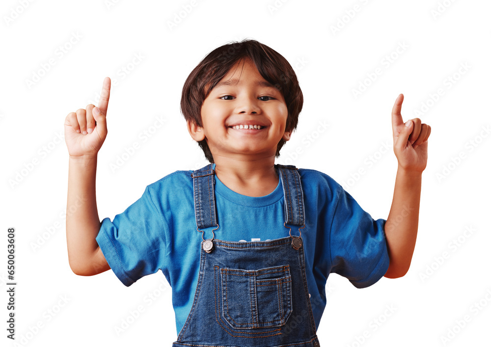 Φωτογραφία Happy child pointing up at space, portrait and advertising isolated on a transparent png background