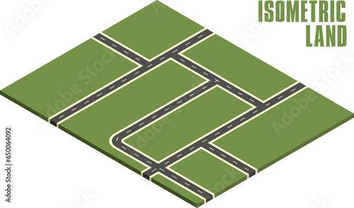 3d Isometric road plan or town blueprint with green grass and roads. Map of different empty plots in an angled top view. Field design vector illustration for game development.