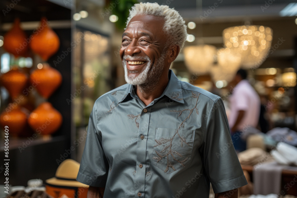 African senior bearded man in clothing department of shopping mall