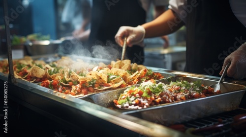 Candid shot of tacos being made in a foodtruck