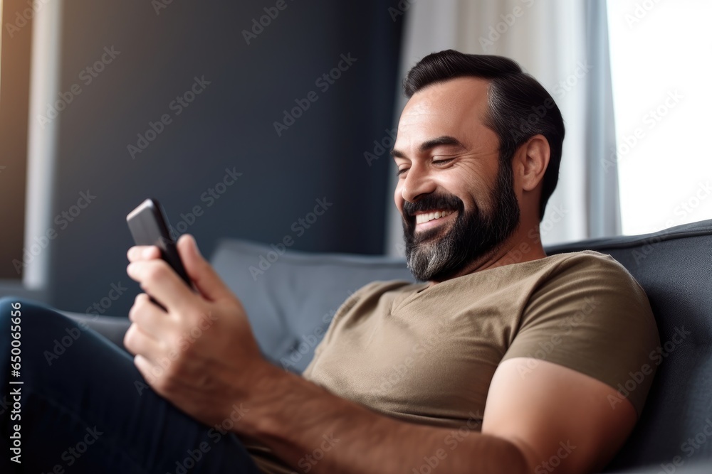 shot of a happy man using his mobile phone while relaxing on the sofa at home shot of a happy man using his mobile phone while relaxing on the sofa at home