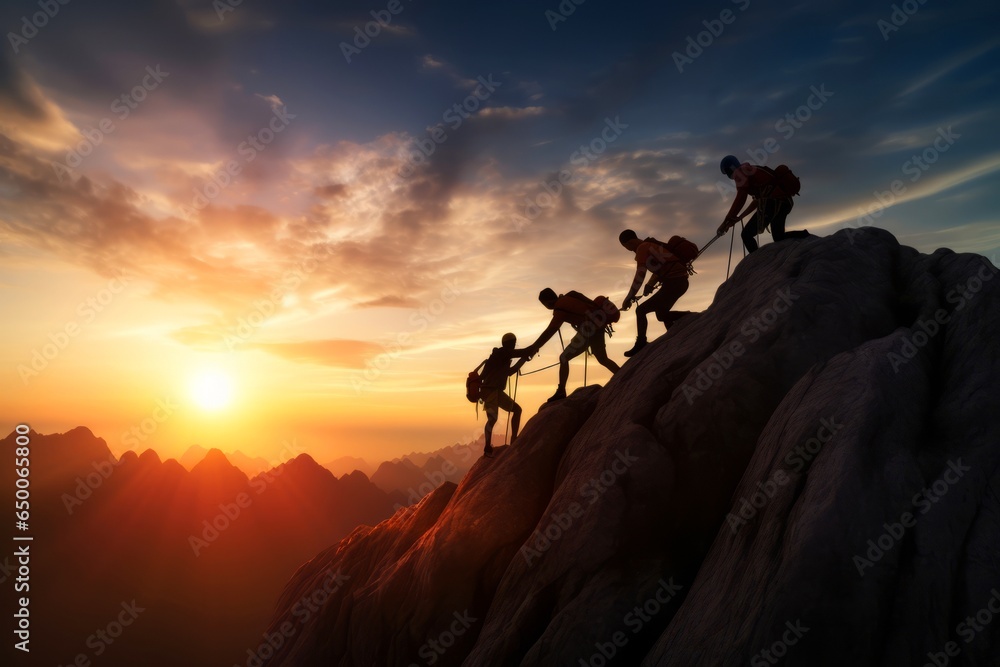 Silhouette of people helping people to climb a mountain top at sunrise background, Conceptual business team leader. Silhouette of people helping people to climb a mountain top at sunrise background, Conceptual business team leader.