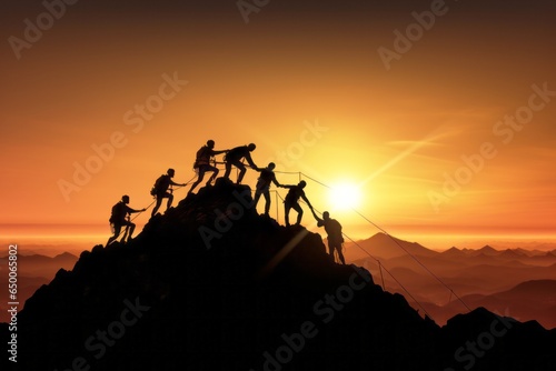 Silhouette of people helping people to climb a mountain top at sunrise background, Conceptual business team leader.