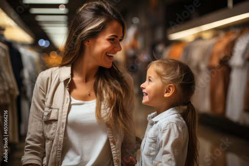 Young caucasian mother with child daughter buying clothes in mall