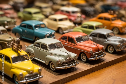 An artistic display of vintage cars and small models. Generative AI