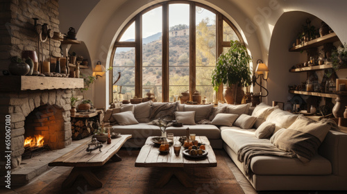 Warm winter Spanish modern living room with styled.