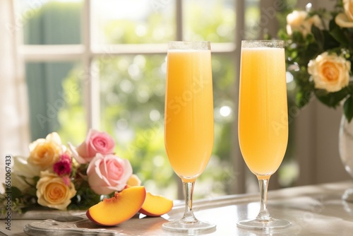 Indulge in a delightful brunch featuring peach mimosas and bellini cocktails. Generative AI