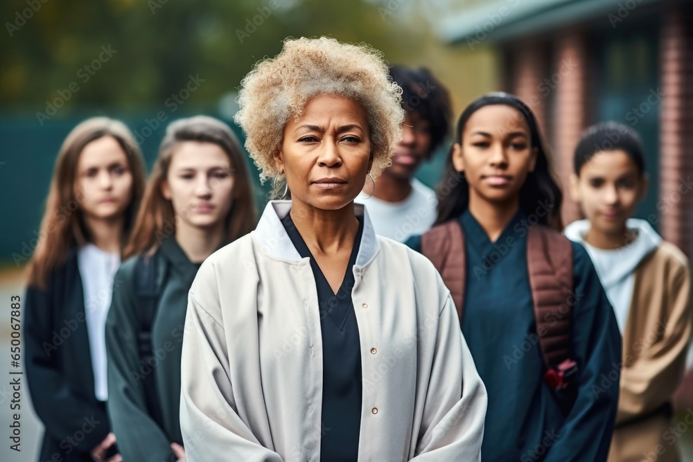 shot of a female instructor standing outside with her senior students shot of a female instructor standing outside with her senior students
