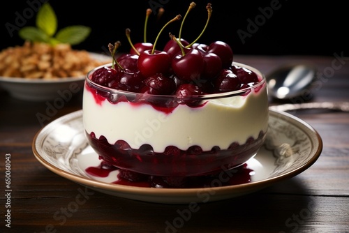 Rich and creamy dessert made with cherries and vanilla. Generative AI