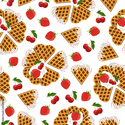 Valentines day sweet lunch. Seamless pattern. Hearts shape pastry. Sweet cookies. Love day. Berries.