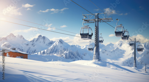 ski lift with sunlight across a snowy ski mountain © Kien