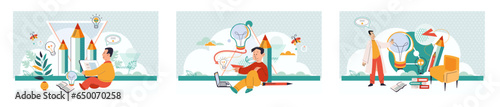 Online art class. E-learning, distance education. Tutorials and web courses. Little boy with phone, teacher and creative idea icons with pencils and pictures. Drawing lessons banner, art master class