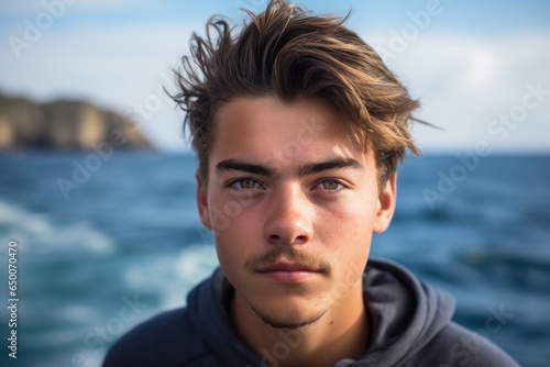 view of a young man looking at the camera while out on the sea