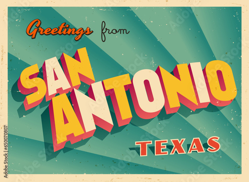 Greetings from San Antonio, Texas, USA - Wish you were here! - Vintage Touristic Postcard. Vector Illustration. Used effects can be easily removed for a brand new, clean card.