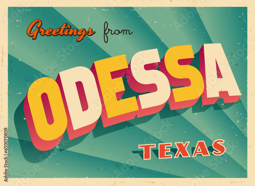 Greetings from Odessa, Texas, USA - Wish you were here! - Vintage Touristic Postcard. Vector Illustration. Used effects can be easily removed for a brand new, clean card.