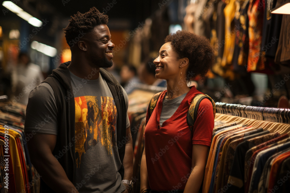 Fototapeta premium Side view of African couple shopping in clothing department of mall