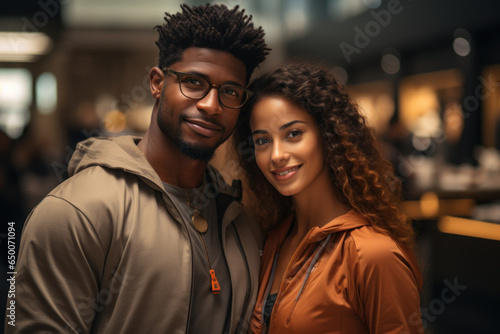 Portrait of young happy African couple shopping in clothing department of mall