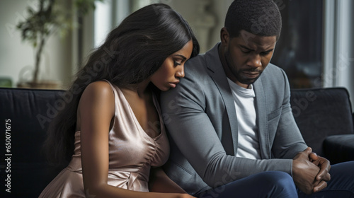 Serious black african american couple acknowledging the emotions of a breakup