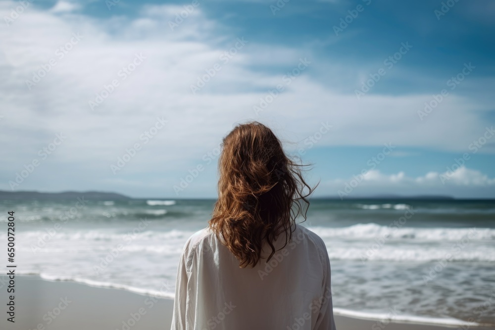 rearview shot of a woman standing with the ocean in the background rearview shot of a woman standing with the ocean in the background