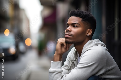 shot of a young man looking thoughtful while sitting in an urban setting