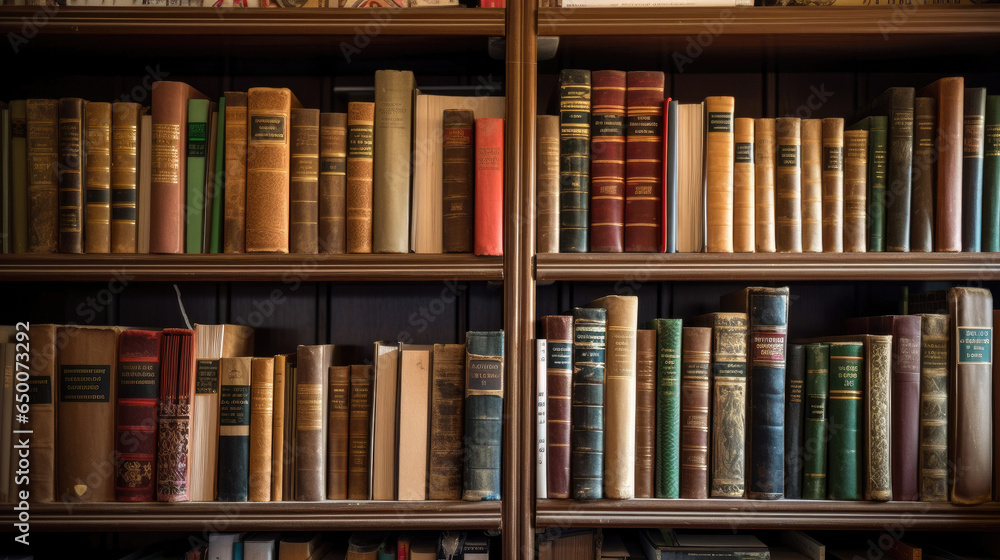 Books in Bookshelf, in public library. Generative Ai Books in Bookshelf, in public library. Generative Ai