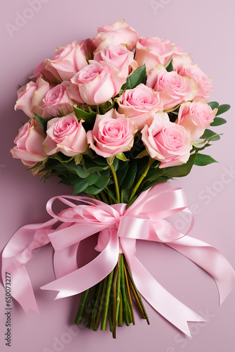 Free photo top view beautiful roses bouquet with pink ribbon