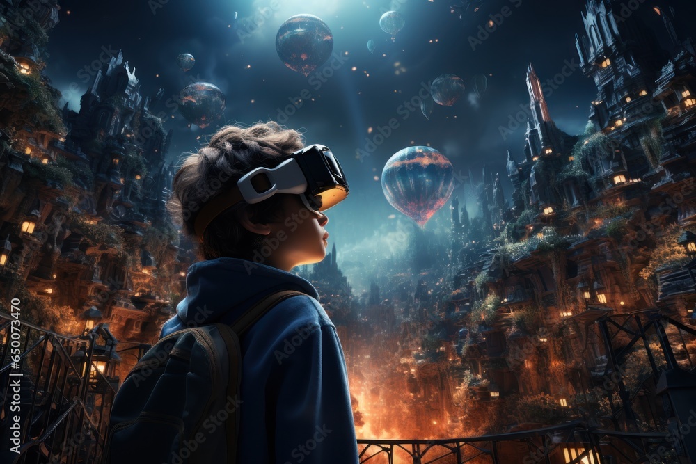Fototapeta premium Boy wearing VR headset user, fantasy world and virtual reality, Generative AI