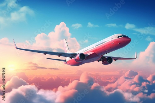 Airplane soaring above beautiful sky. Generative AI