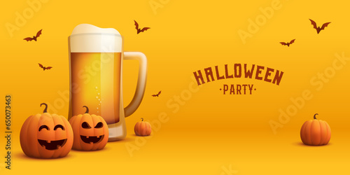 Halloween beer poster template. Vector banner with craft beer mug, jack-o-lantern, bats and pumpkins. Invitation to a party