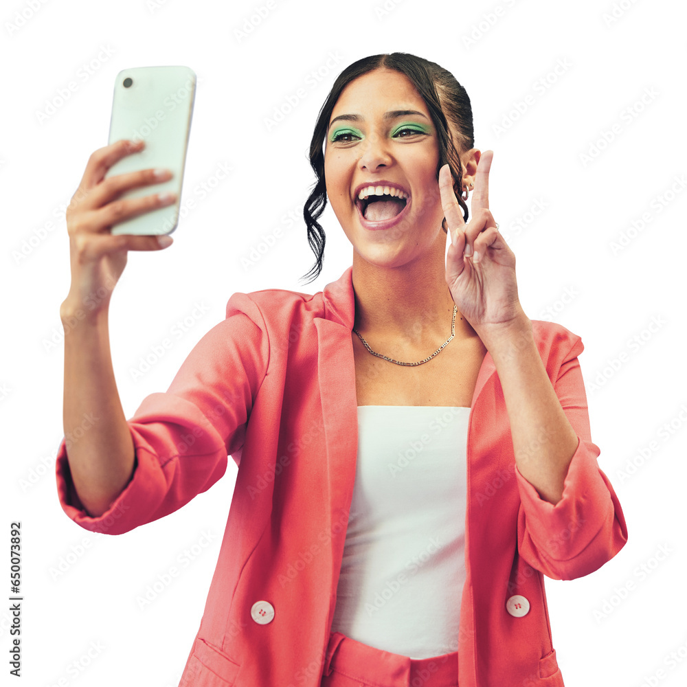 © Heyt/peopleimages.com - Isolated woman, selfie and excited with peace sign for fashion, makeup or web blog by transparent png background. Gen z girl, influencer or icon for memory, photography or profile picture in clothes © Heyt/peopleimages.com - Isolated woman, selfie and excited with peace sign for fashion, makeup or web blog by transparent png background. Gen z girl, influencer or icon for memory, photography or profile picture in clothes