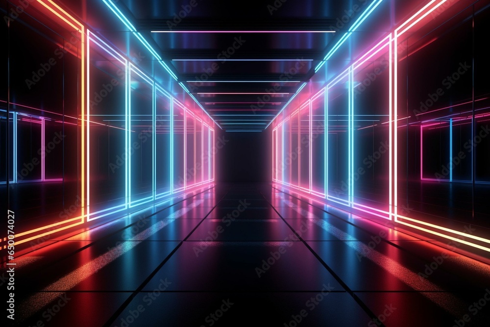 Abstract corridor with neon lights, virtual reality space, fashion podium, club interior, empty warehouse, floor reflection. Generative AI