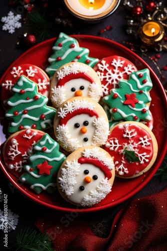 Festive plate with holiday coocies in form of Chrismass tree and snowman, photo