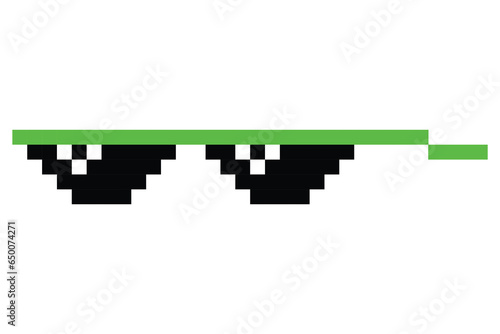 Pixel glasses meme. Like a boss meme. Pixelation, accessory optical fashion. 8 bit funky logo icon. Vector cartoon eyeglass frame for sunglasses