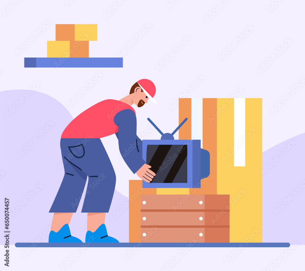Installing Machine Cartoon Worker installing TV at apartment. Helping client to moving to new ...