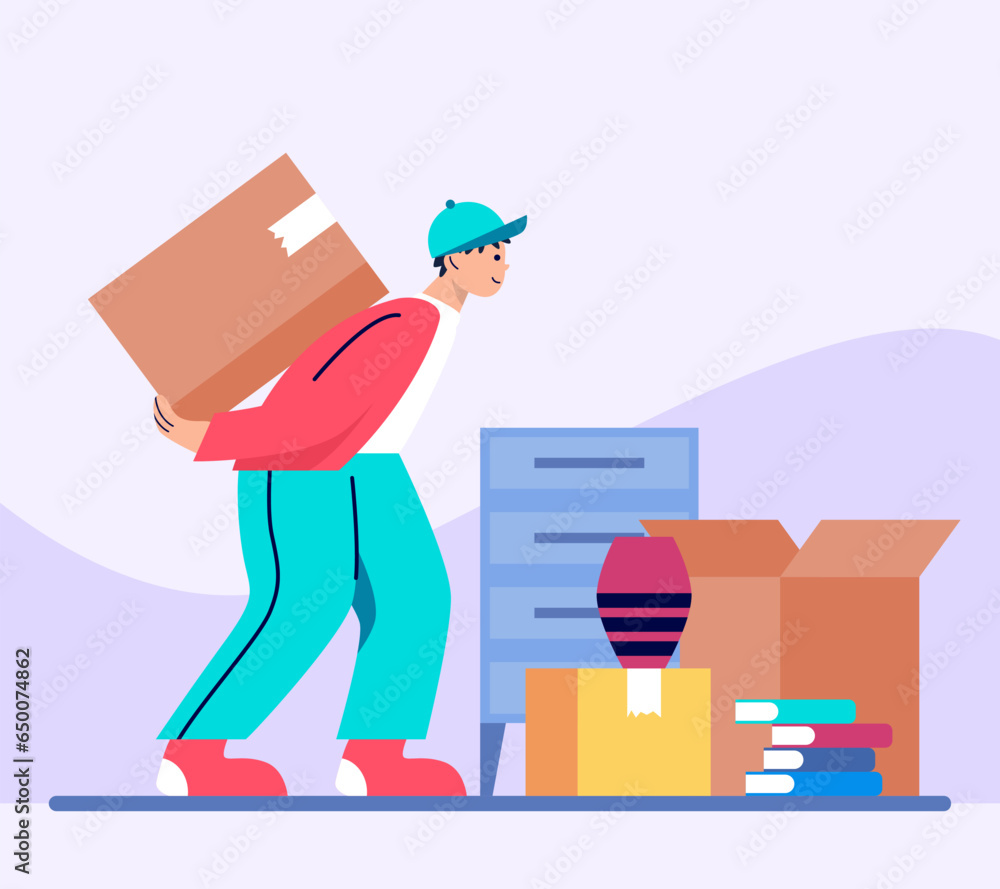 Young male in uniform carry big parcel. Worker helping client to moving to new place. Work as loader. Moving concept. Flat vector illustration in blue colors in cartoon style Young male in uniform carry big parcel. Worker helping client to moving to new place. Work as loader. Moving concept. Flat vector illustration in blue colors in cartoon style