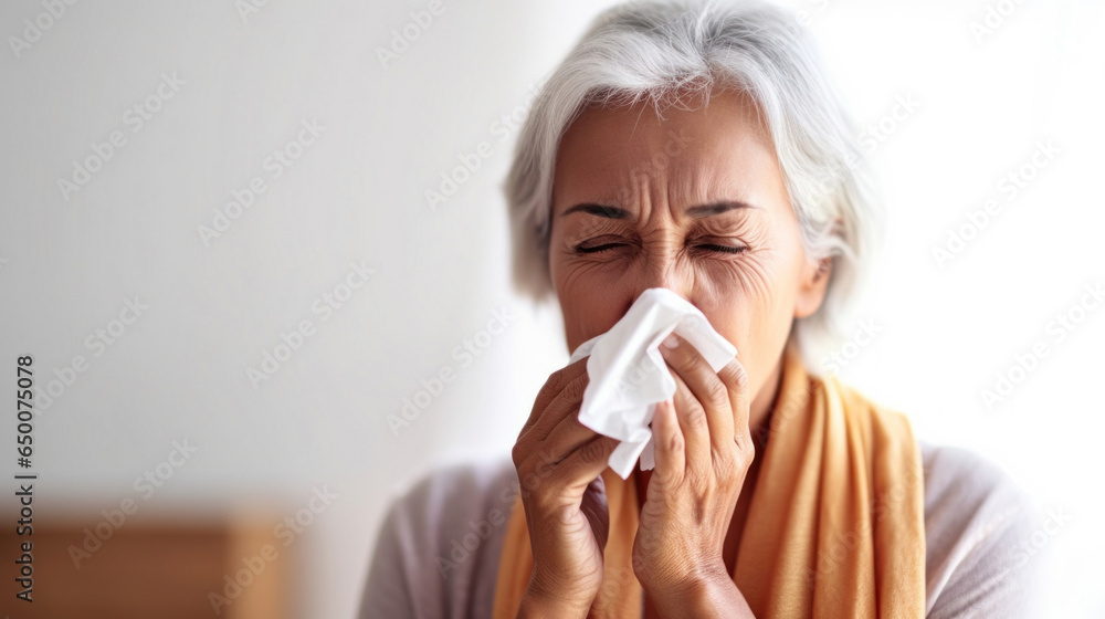 A senior woman manages her runny nose, using a white tissue. A senior woman manages her runny nose, using a white tissue.