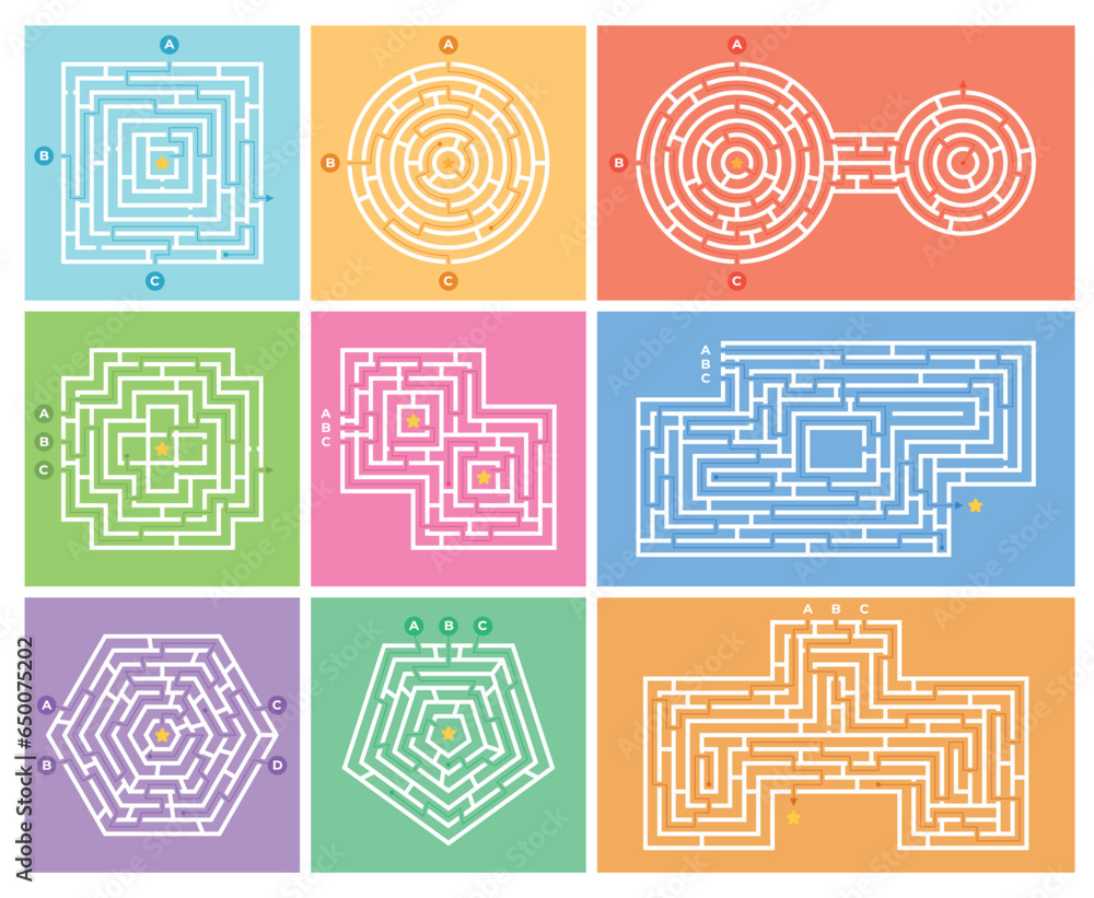 Different types of labyrinths. Finding the right path from the starting ...