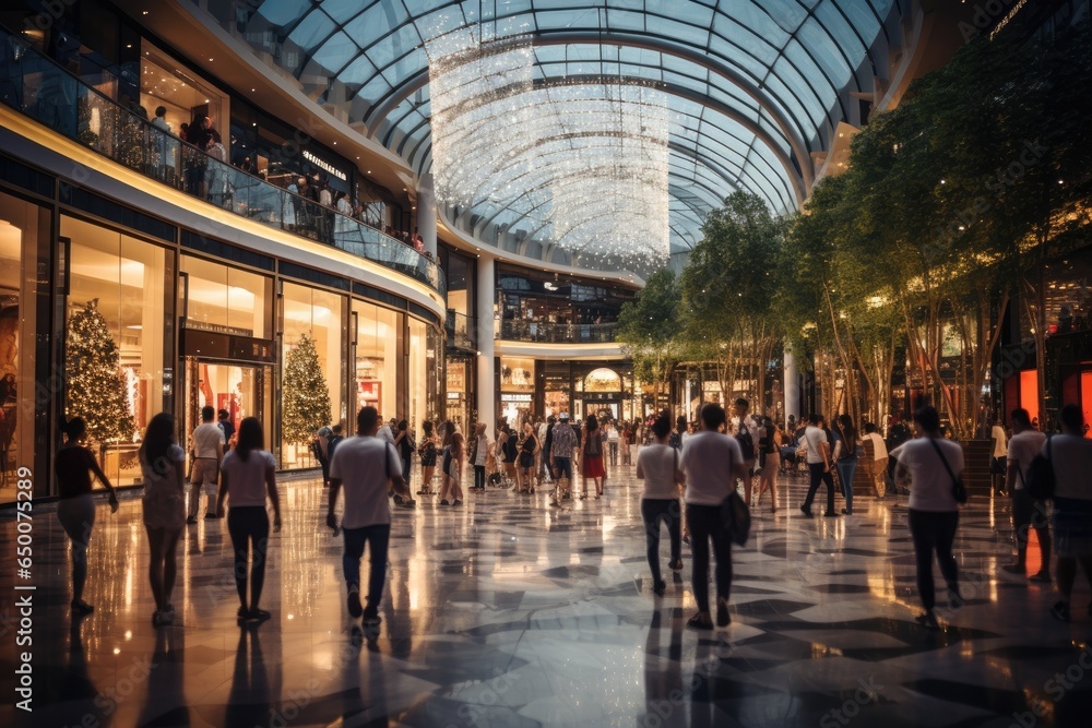 People in luxury shopping mall. motion blur. Generative AI