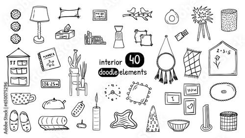 Doodle vector home design interior set. Hand drawn cute house elements