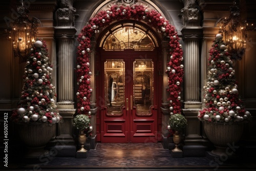 Front door decorate with Christmas theme and new year festival. Generative AI © itchaznong