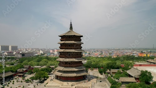Aerial photo of Yingxian Wooden Pagoda in Shanxi Province, China,
