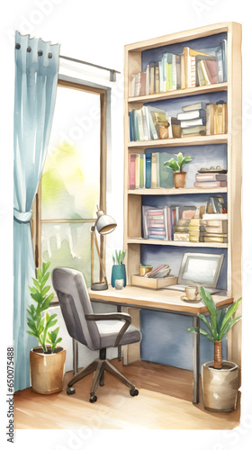 落ち着いた雰囲気の書斎の内観パース　水彩イラスト © ayame123