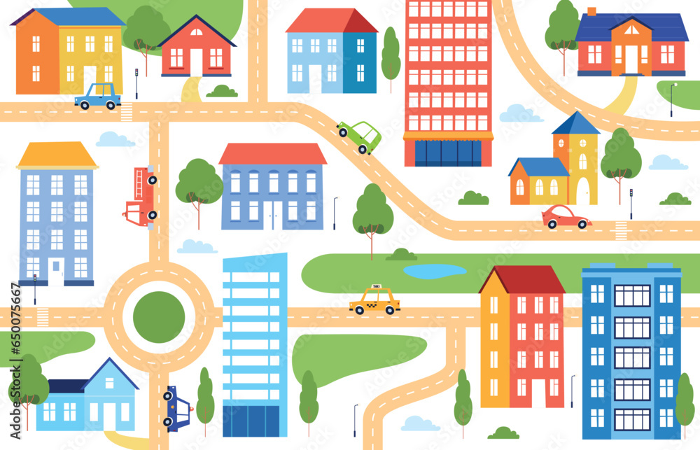 A city with houses, cars and roads. Simple cartoon children houses and high-rise buildings. City and village buildings. Vector illustration