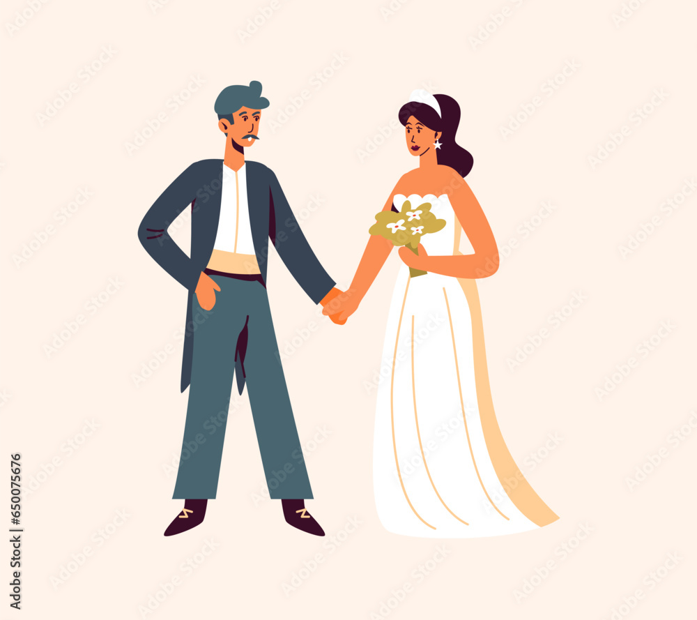 Man standing near bride, holding her hand, waiting for ceremony. Beautiful wedding couple portrait. Vector illustration in cartoon style for wedding postcard