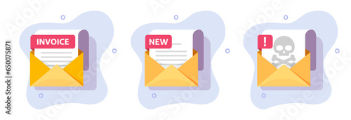 Invoice quote email document icon vector, scam fraud spam mail letter graphic illustration set, new digital electronic file message notification notice receive image clipart set